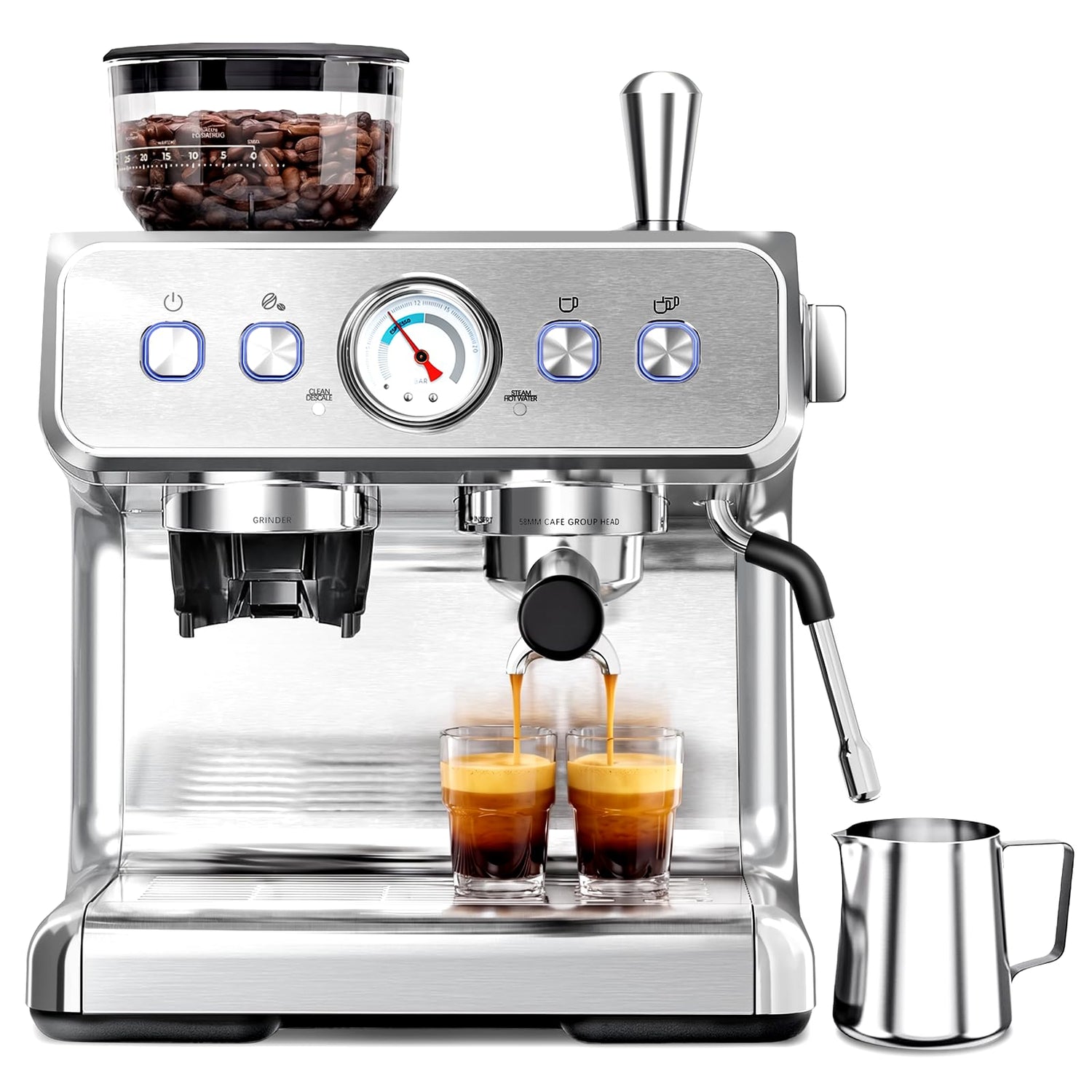20 Bar Espresso Machine Stainless Steel with Grinder & Milk Frother, 30 Grind Settings