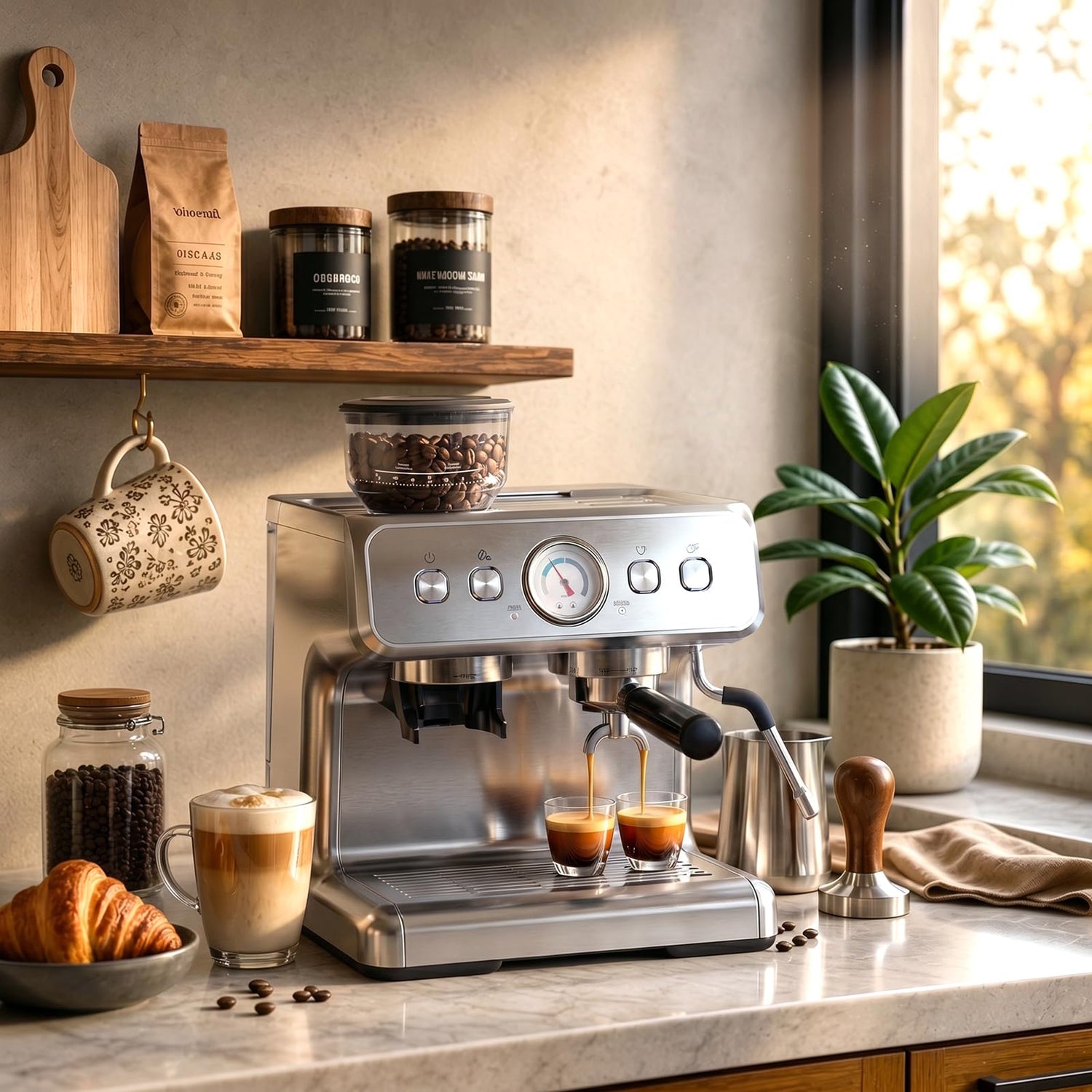 20 Bar Espresso Machine Stainless Steel with Grinder & Milk Frother, 30 Grind Settings