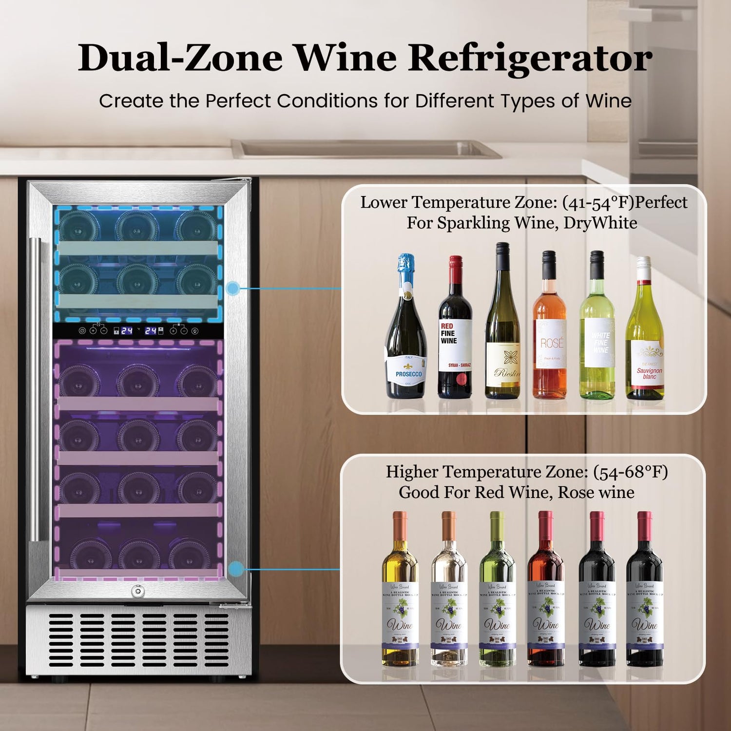 28 Bottle Dual Zone Wine Fridge with Stainless Steel & Double-Layer Tempered Glass Door