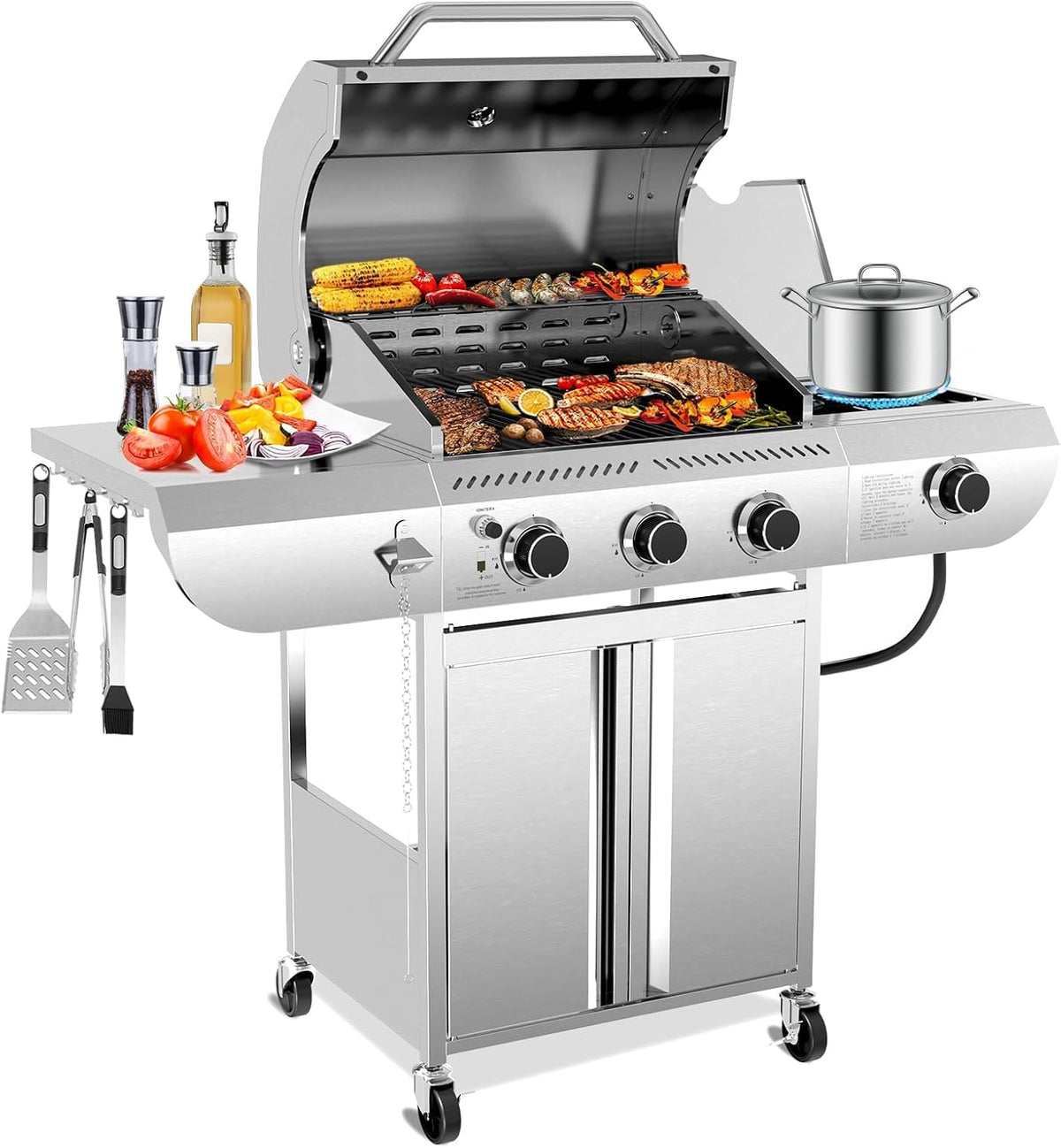 3-Burner Propane Gas Grill Stainless Steel with Enameled Cast Iron Grates and Built-In Thermometer