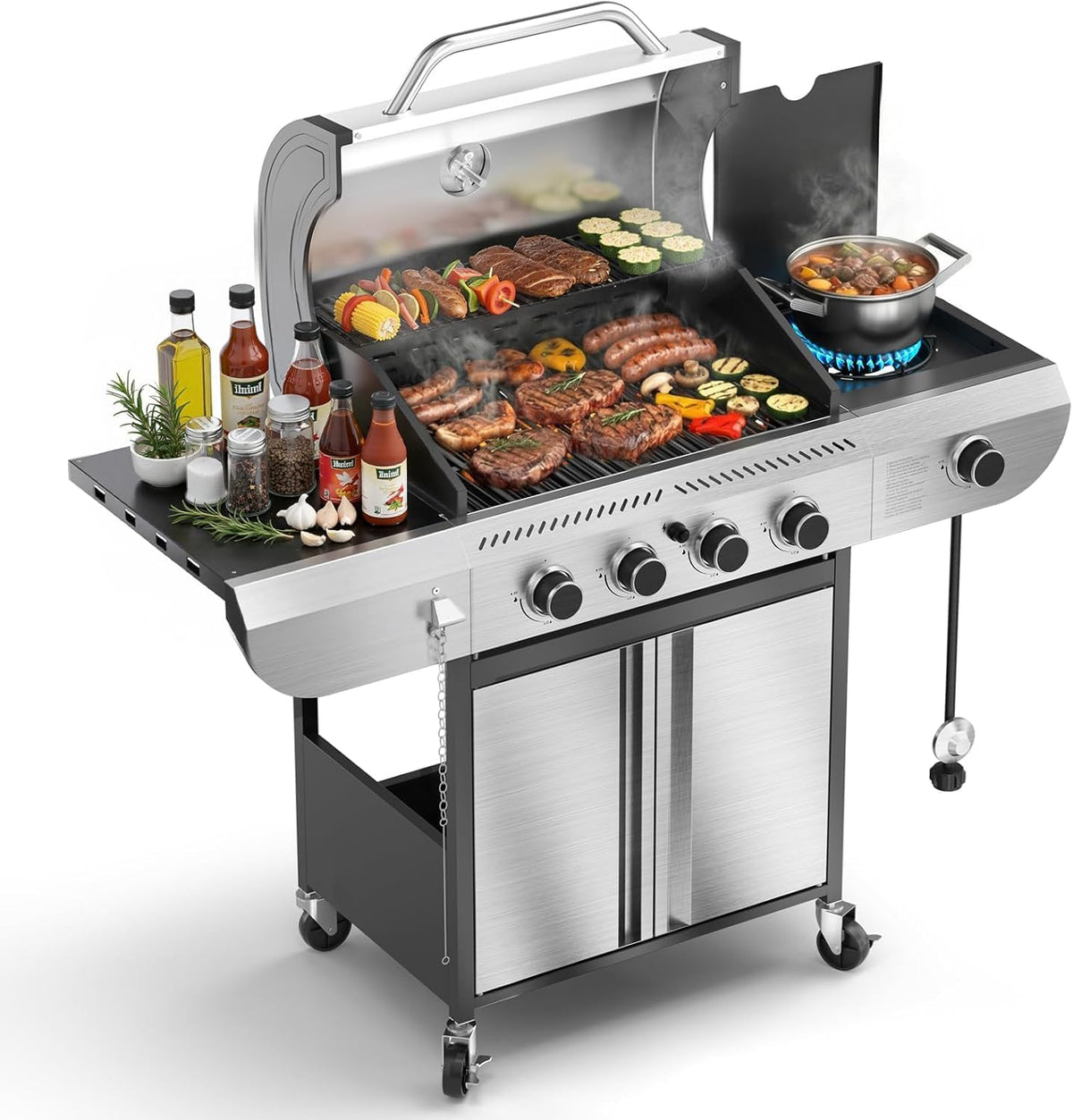 4-Burner Gas Grill with Side Burner, 42,000 BTU, Stainless BBQ