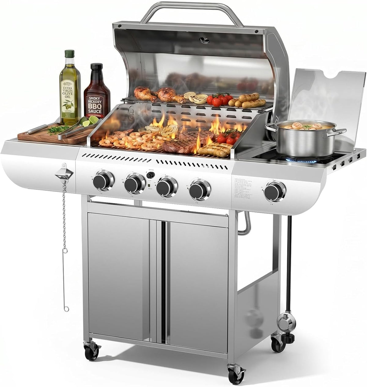 4-Burner Gas Grill, 42000 BTU BBQ Grill, Stainless Steel Barbecue Grill, Enameled Cast Iron Grill, Pull-Out Oil Tray, Suitable For Outdoor, Backyard Barbecues