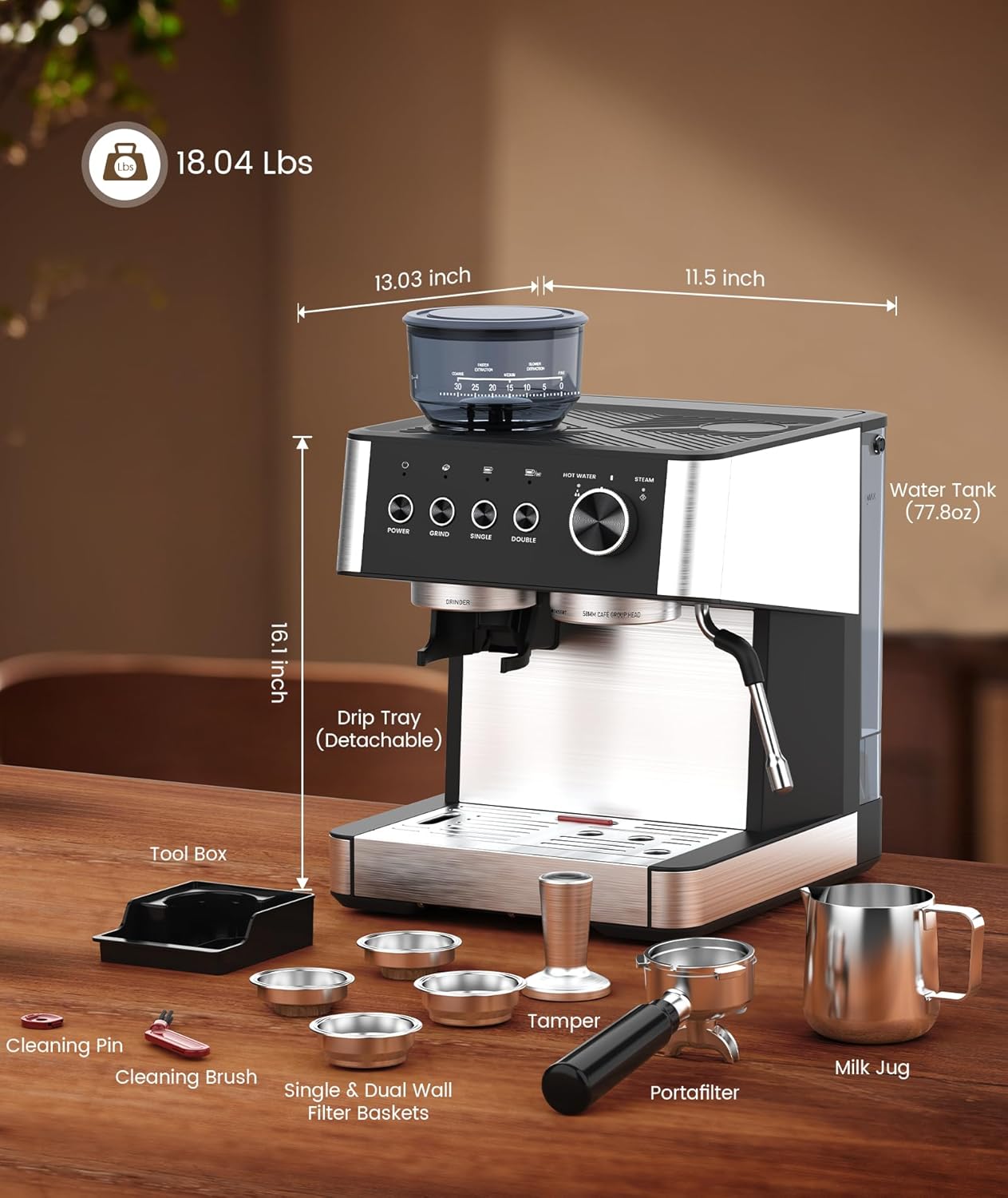 Electactic Espresso Maker  20 Bar with Grinder