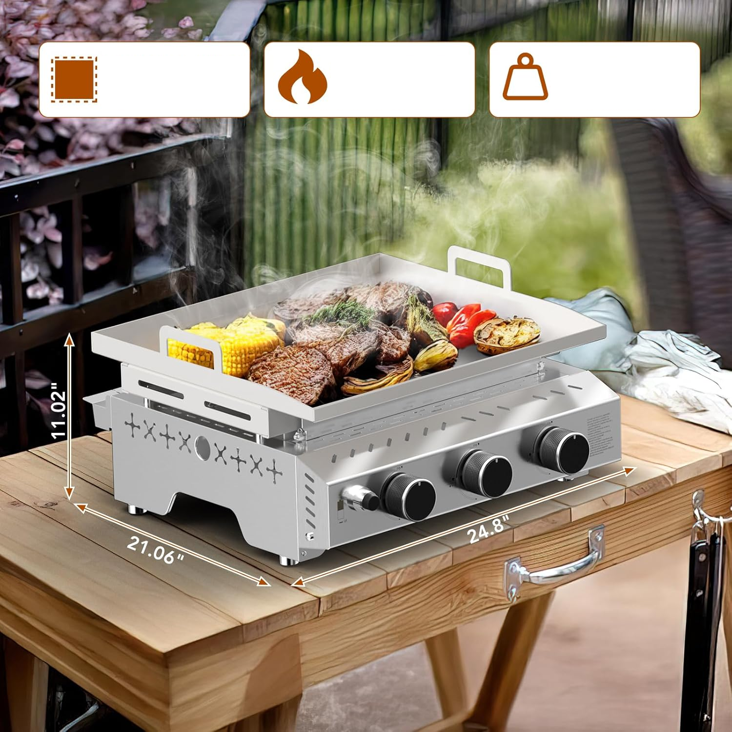 Electactic 18 inch Stainless Steel Tabletop Grill 3 Burners Griddle
