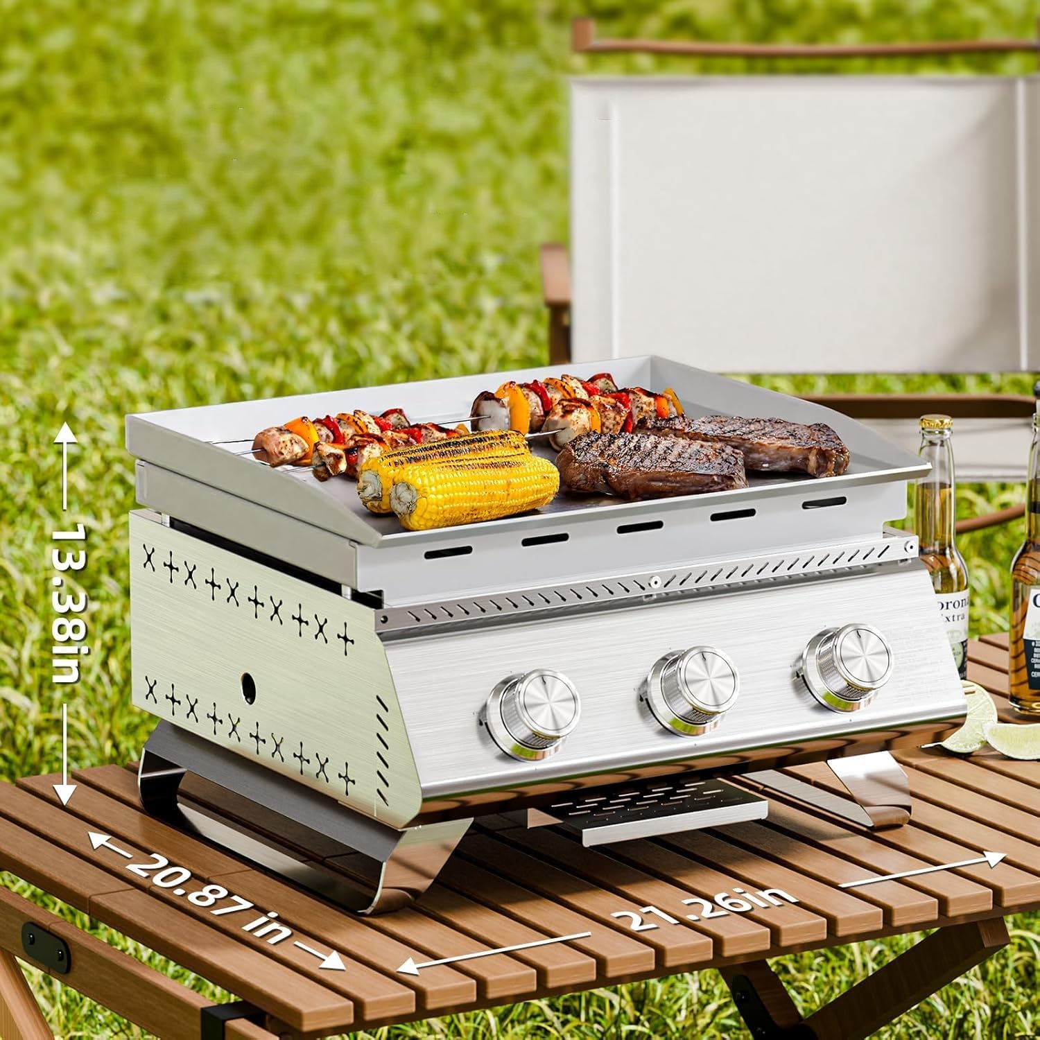 Electactic 18 inch Stainless Steel Tabletop Grill 3 Burners Grill and Griddle Combo