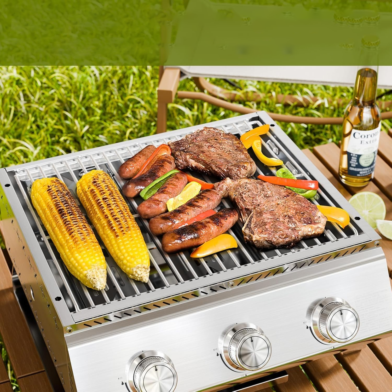 Electactic 18 inch Stainless Steel Tabletop Grill 3 Burners Grill and Griddle Combo