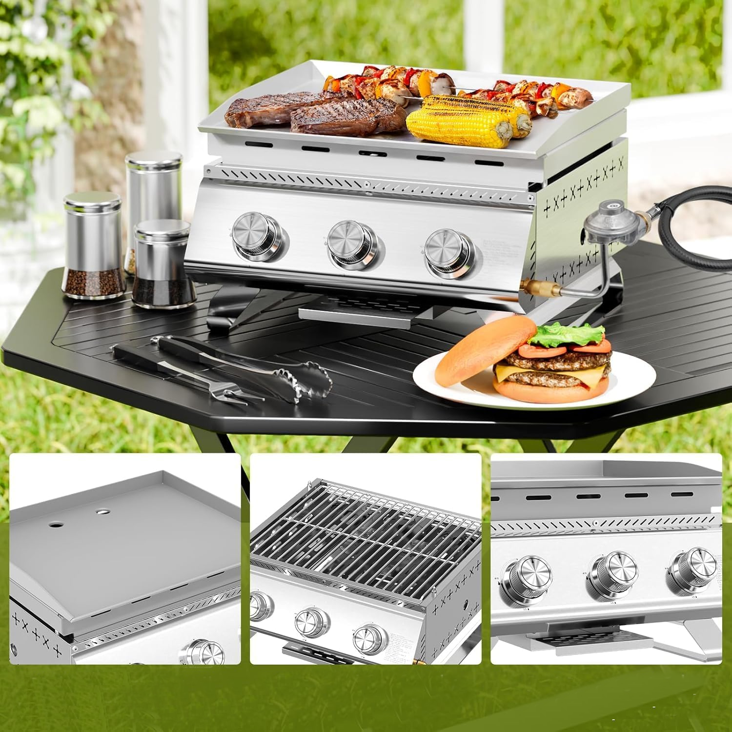 Electactic 18 inch Stainless Steel Tabletop Grill 3 Burners Grill and Griddle Combo