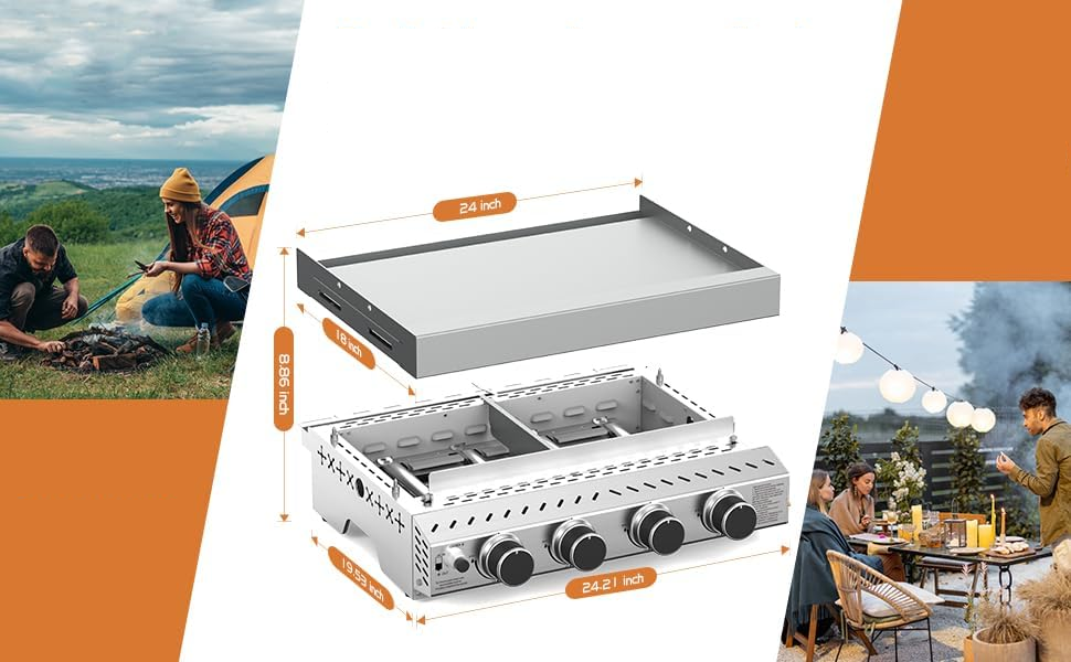 Electactic 18 inch Stainless Steel Tabletop Grill 4 Burners Griddle