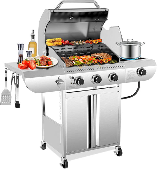 Electactic 3-Burner Propane Gas Grill with Side Burner 34000 BTU 
