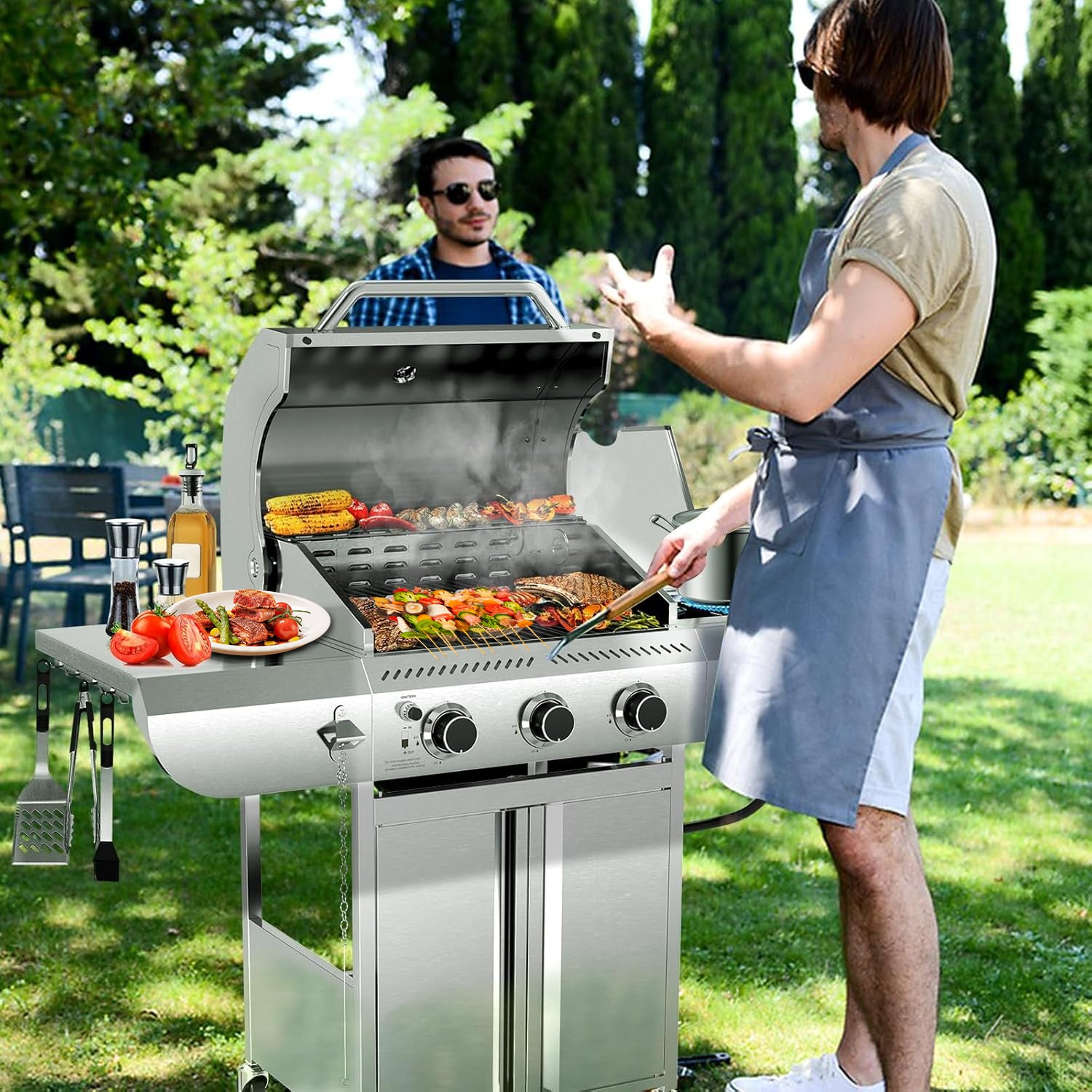 Electactic 3-Burner Propane Gas Grill with Side Burner 34000 BTU 