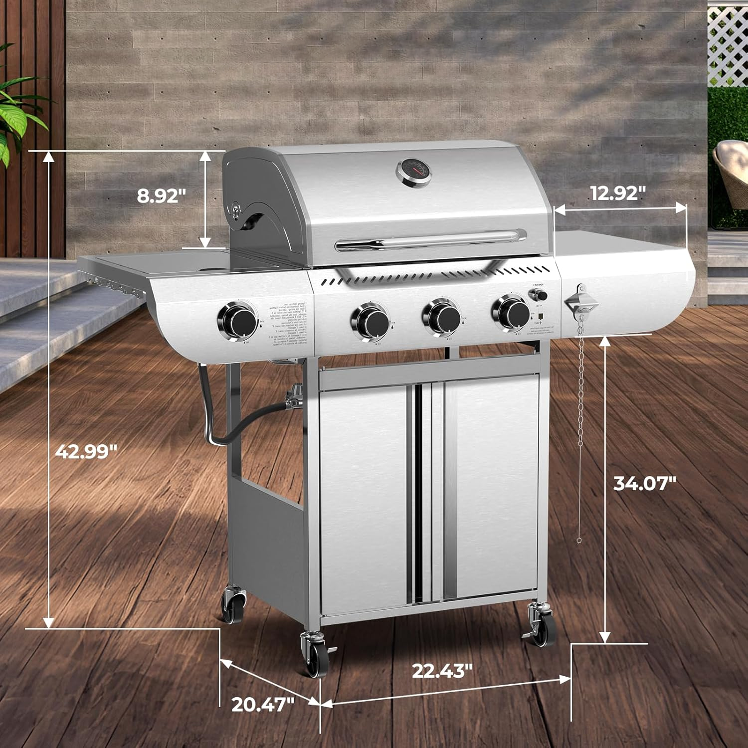 Electactic 3-Burner Propane Gas Grill with Side Burner 34000 BTU 