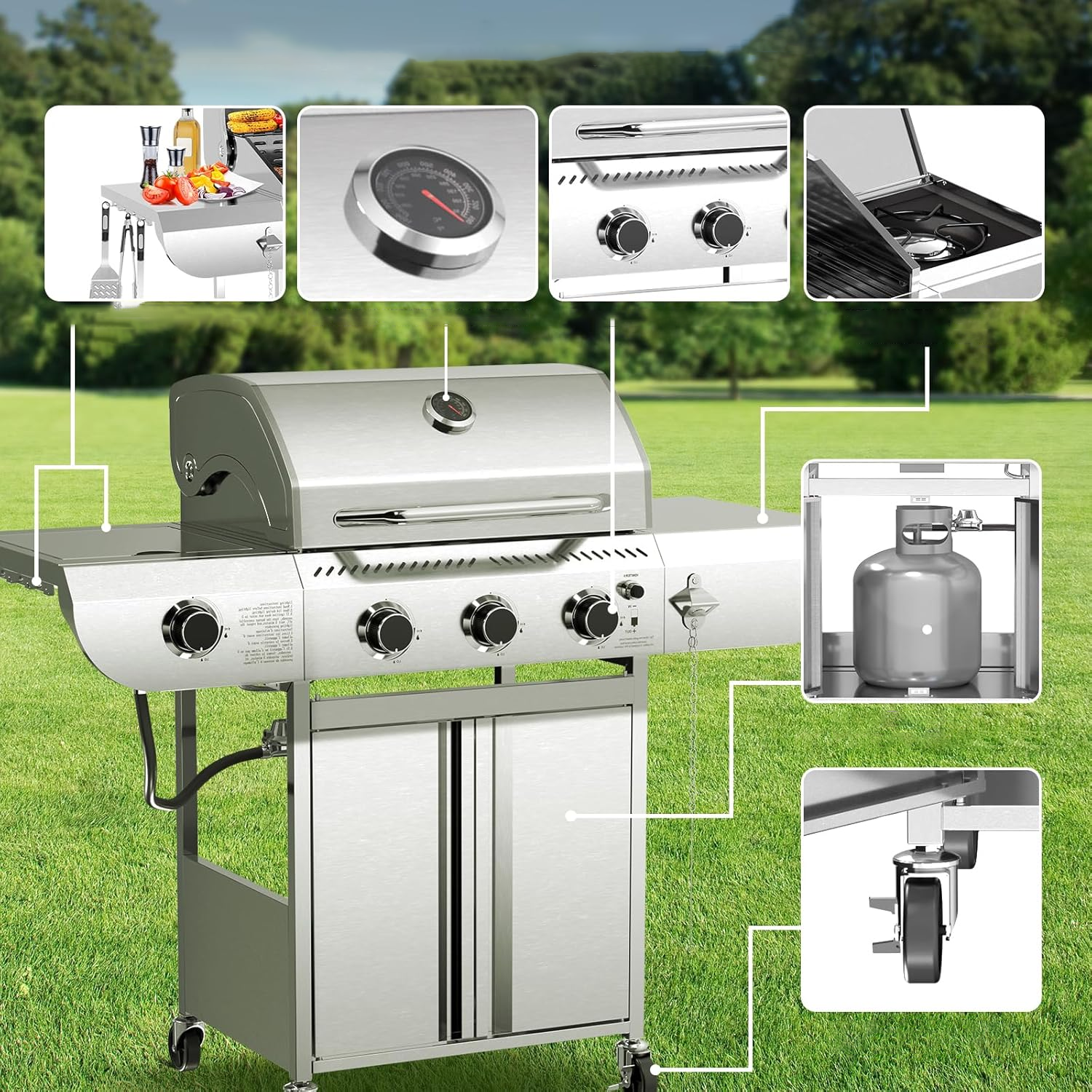 Electactic 3-Burner Propane Gas Grill with Side Burner 34000 BTU 