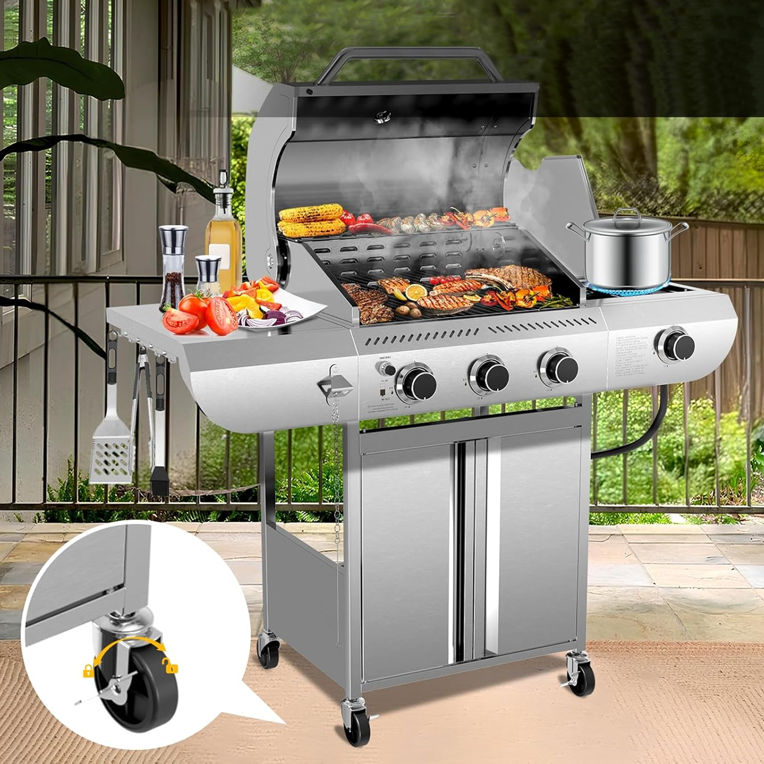 Electactic 3-Burner Propane Gas Grill with Side Burner 34000 BTU 