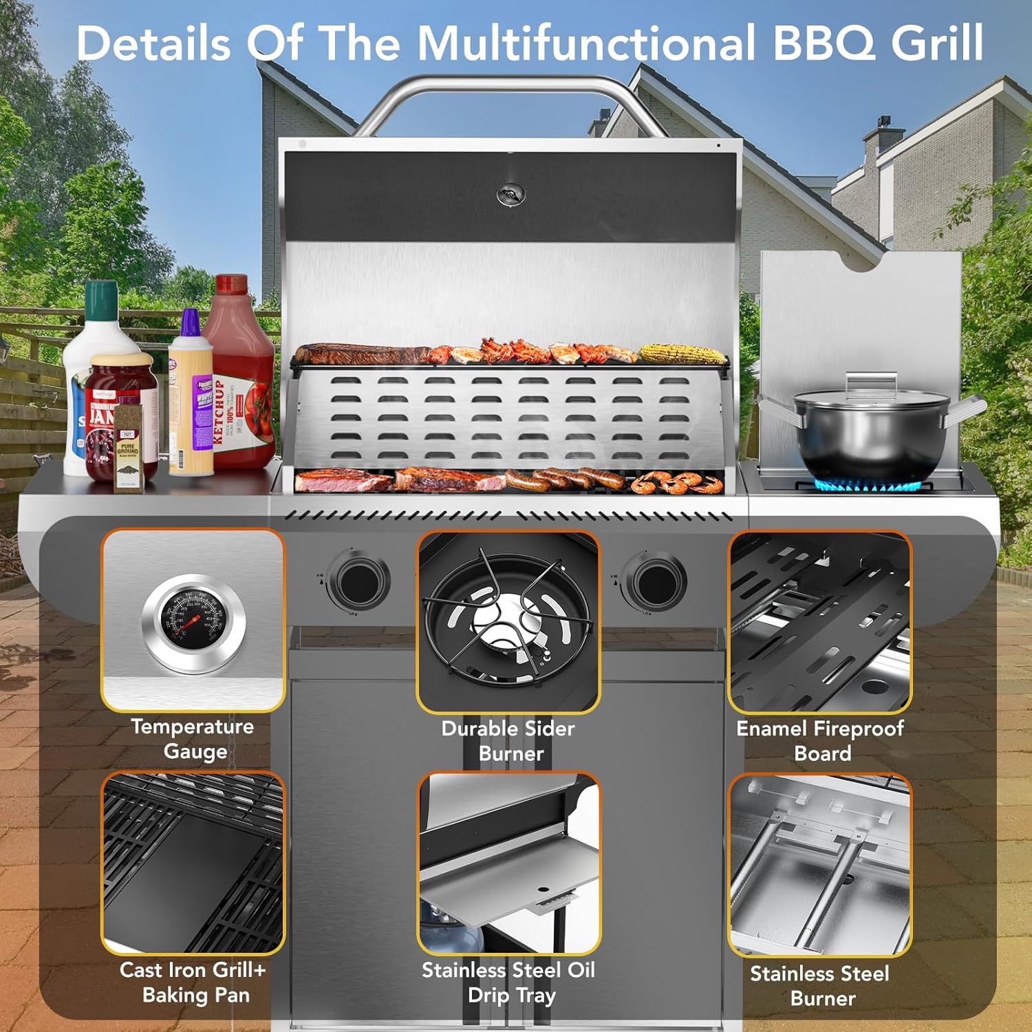 3+1/4+1 Burner Freestanding Propane Gas Grill With Side Burner And Cabinet