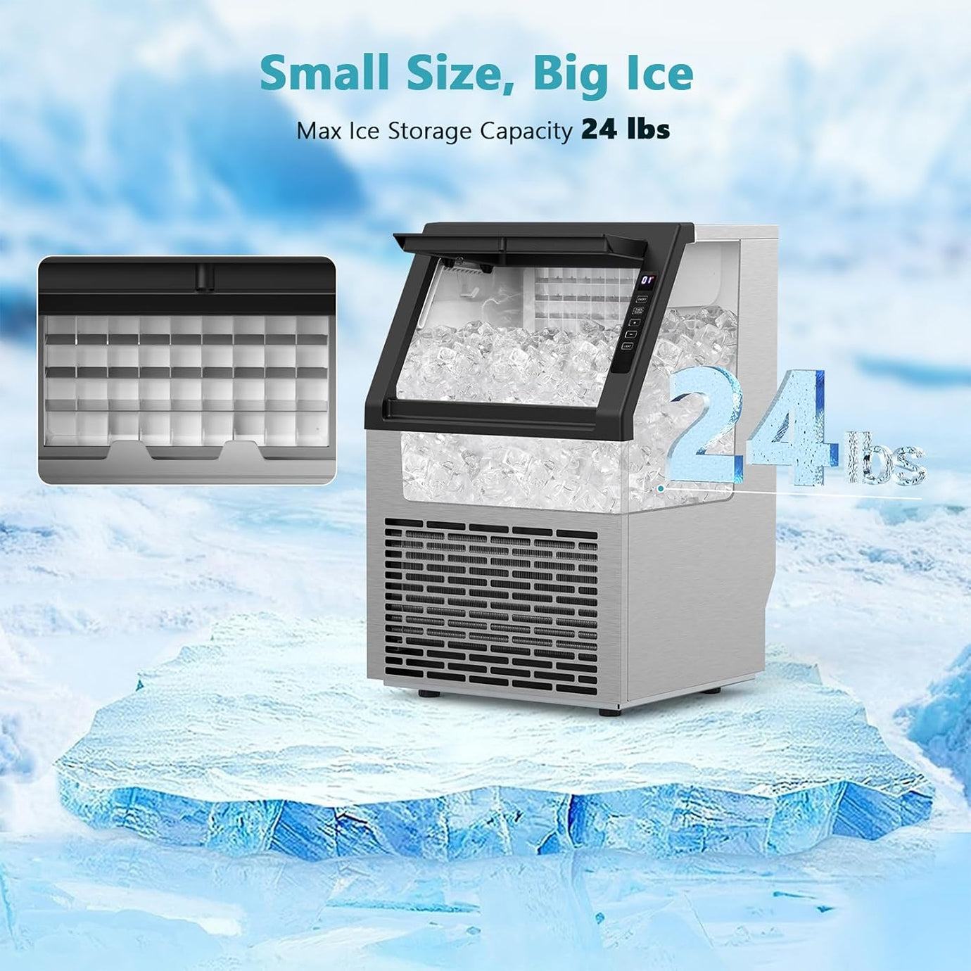 ELECTACTIC 80lbs/Day Commercial Ice Maker with 24lbs Storage – Self-Cleaning Freestanding Ice Machine