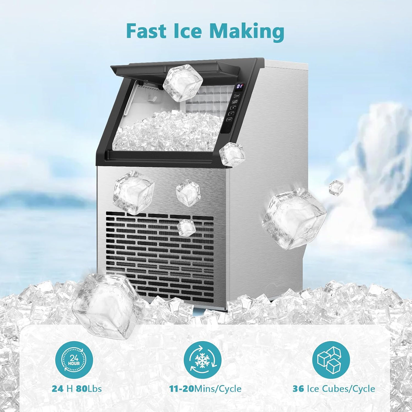 ELECTACTIC 80lbs/Day Commercial Ice Maker with 24lbs Storage – Self-Cleaning Freestanding Ice Machine