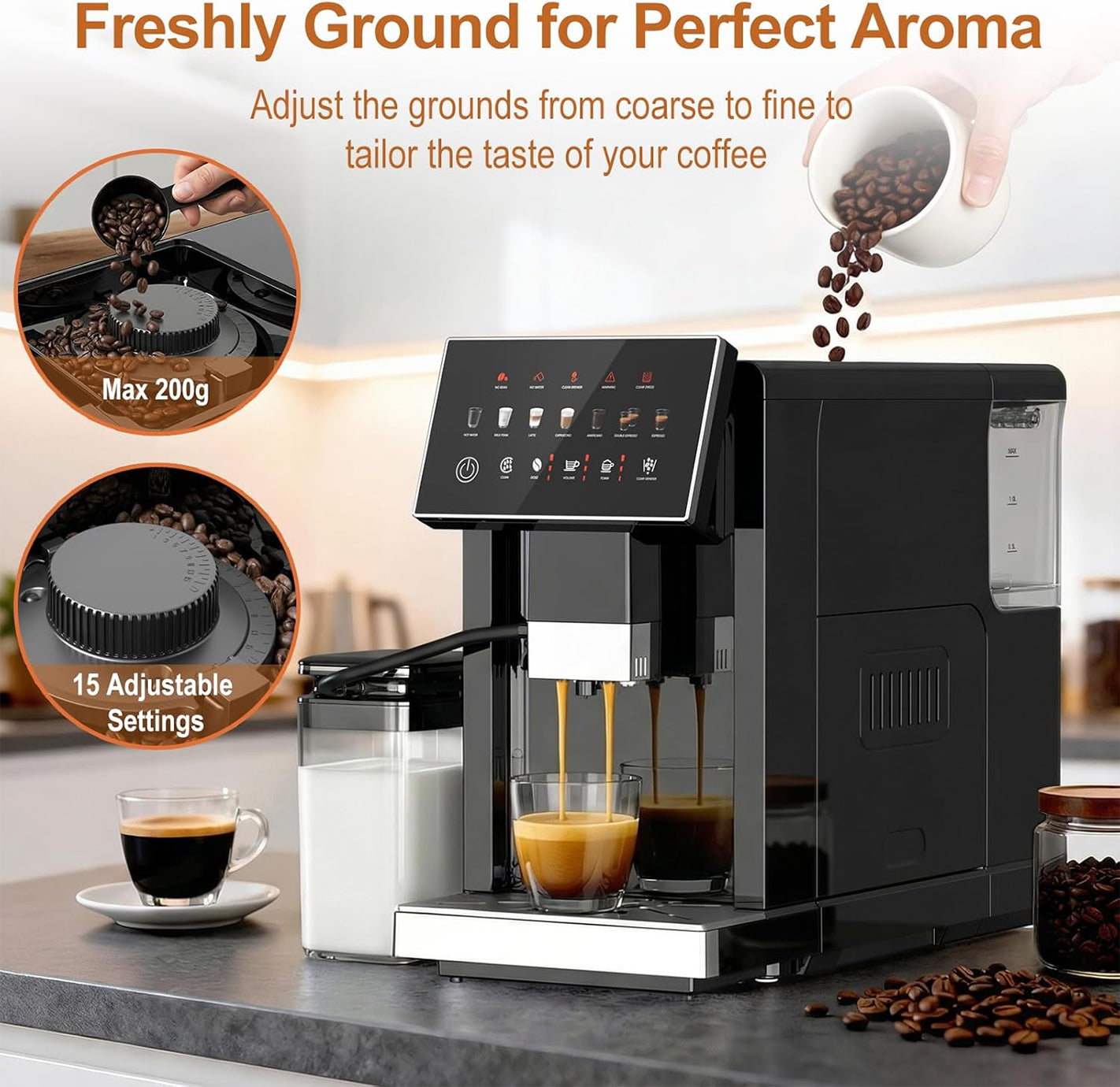 Electactic 20 Bar Fully Automatic Espresso Machine – Grinder, Touch & Milk Frother