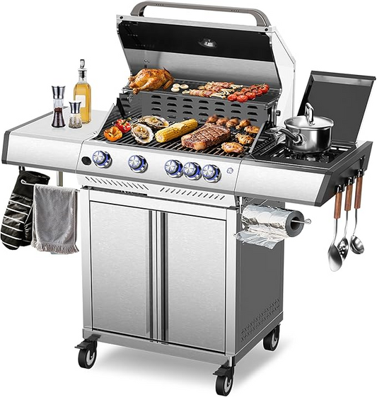 3+1/4+1 Burner Freestanding Propane Gas Grill With Side Burner And Cabinet