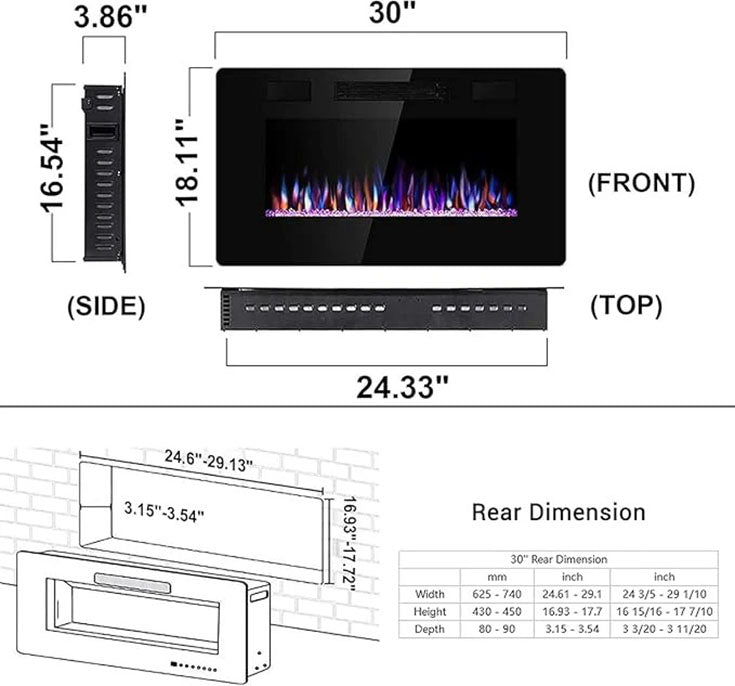 Electric Fireplace Insert 30/36/42/50/60/68 Inch 750W/1500W