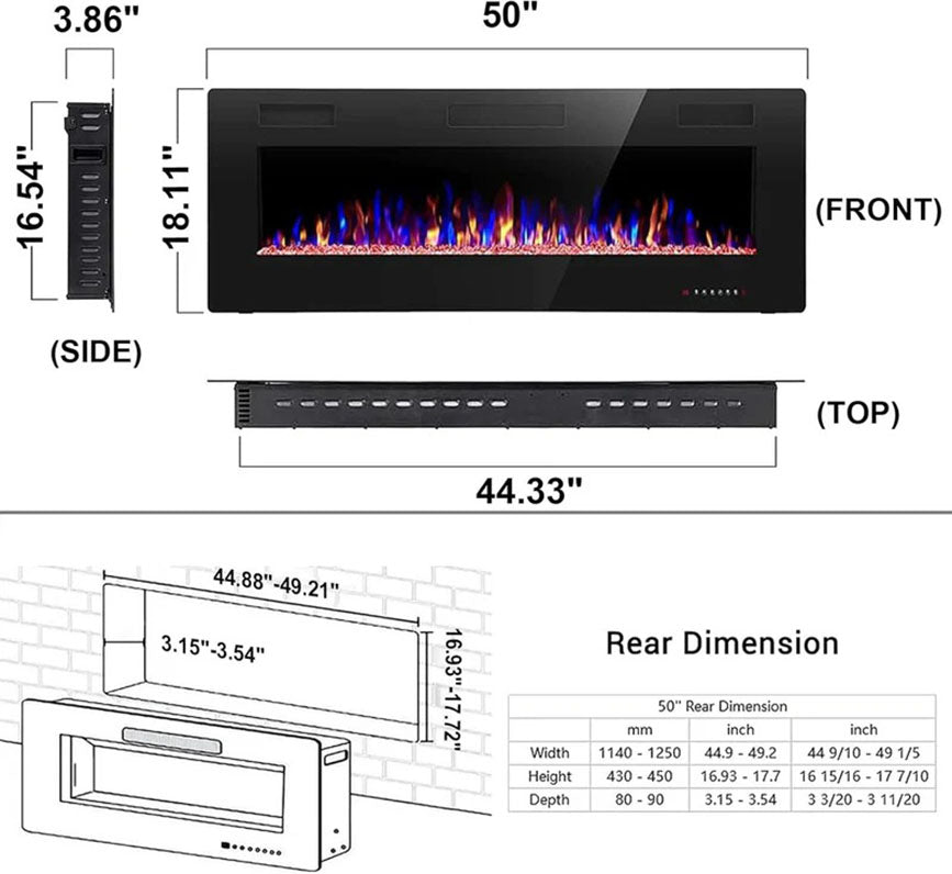 Electric Fireplace Insert 30/36/42/50/60/68 Inch 750W/1500W