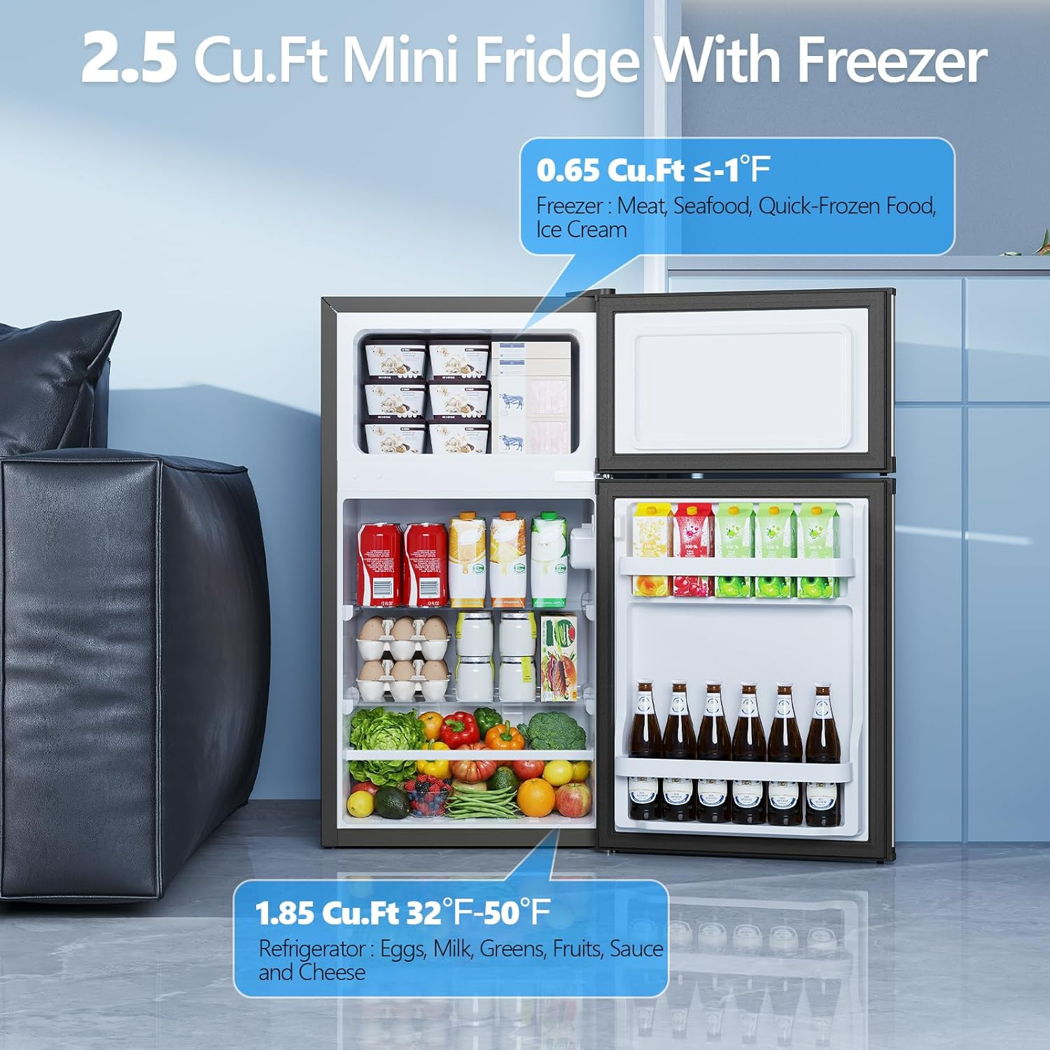 Electactic 2.5 Cu.Ft Compact Mini Fridge with Freezer, Adjustable Shelves & Quiet Cooling