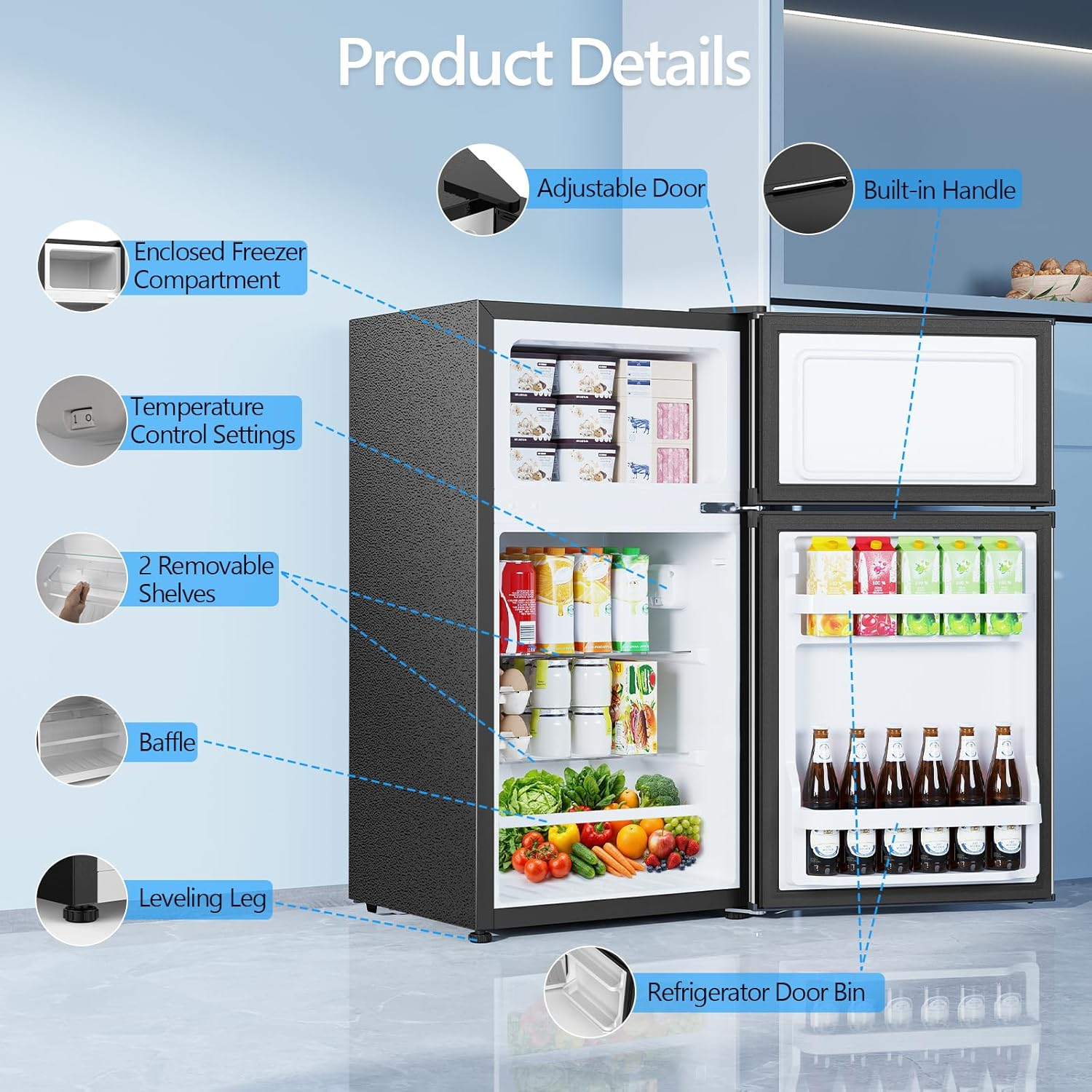 Electactic 2.5 Cu.Ft Compact Mini Fridge with Freezer, Adjustable Shelves & Quiet Cooling